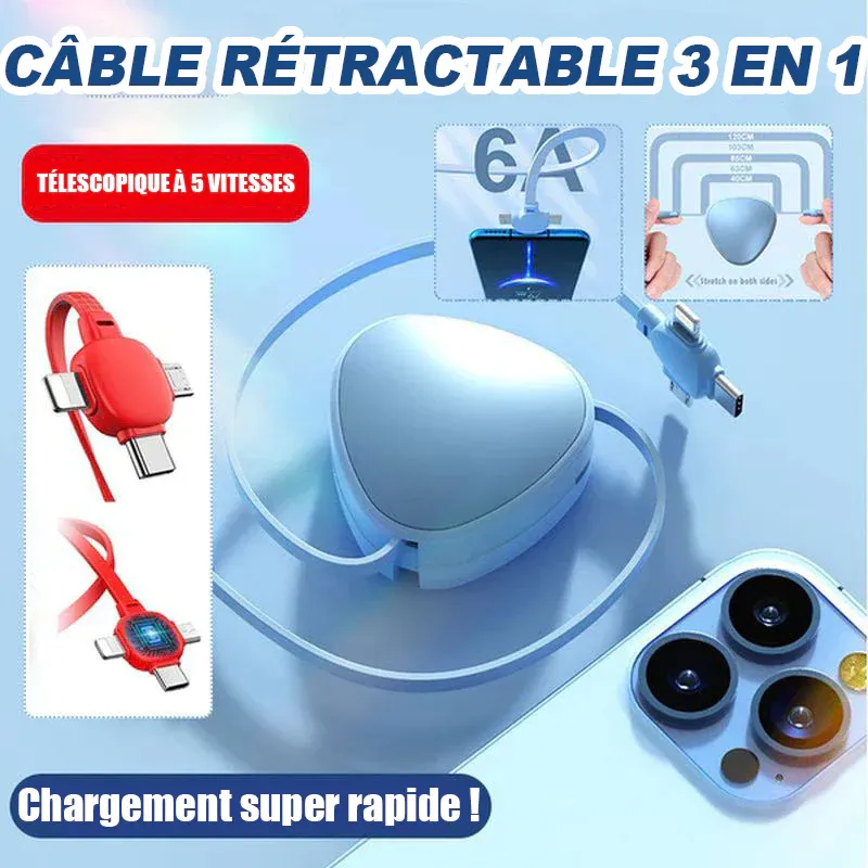 Rouleau télescopique de câble de chargement 3-en-1 120W