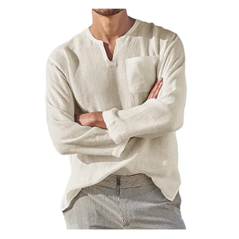 Chemise de lin de plage à manches longues et col en V pour hommes - Image 3