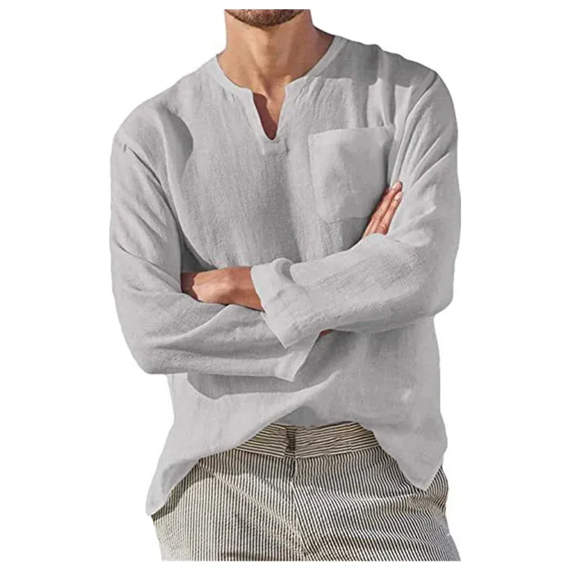 Chemise de lin de plage à manches longues et col en V pour hommes - Image 4