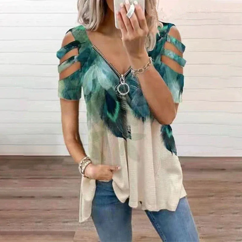 T-shirt zippé imprimé à col en V - Image 4