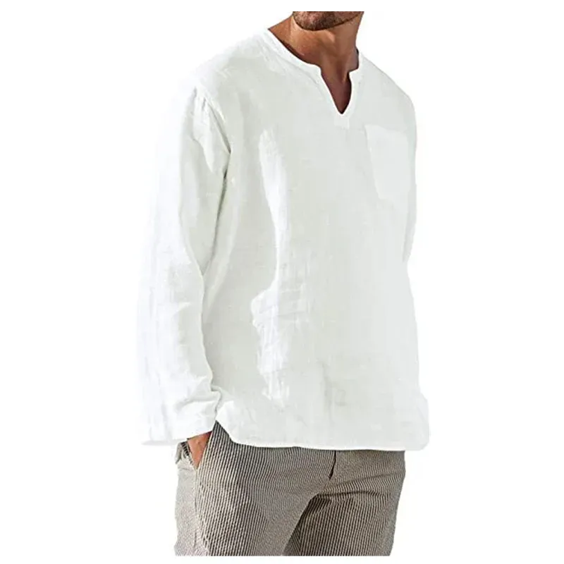 Chemise de lin de plage à manches longues et col en V pour hommes - Image 5