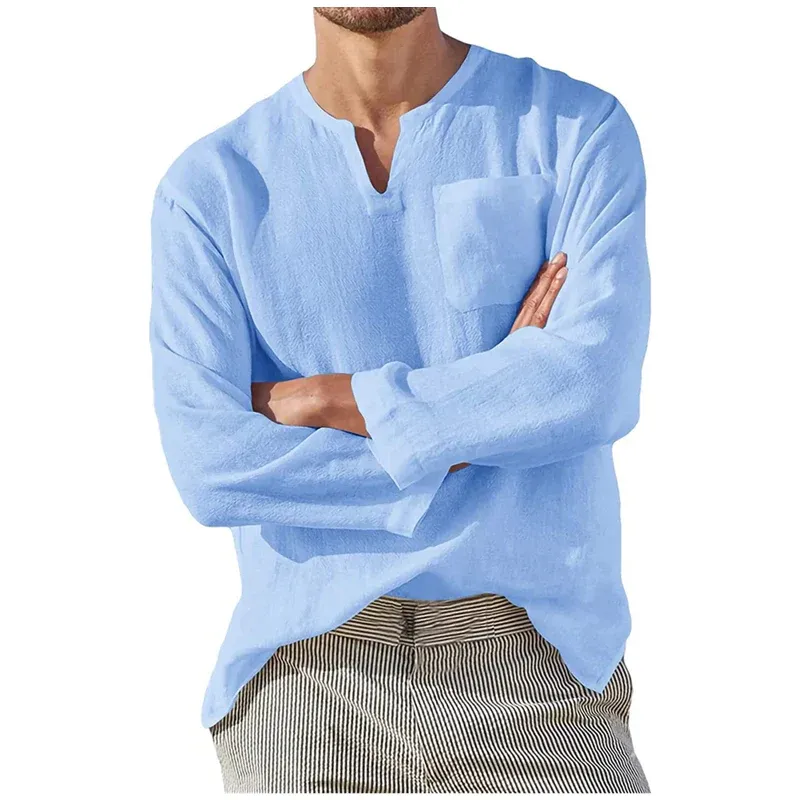 Chemise de lin de plage à manches longues et col en V pour hommes - Image 2