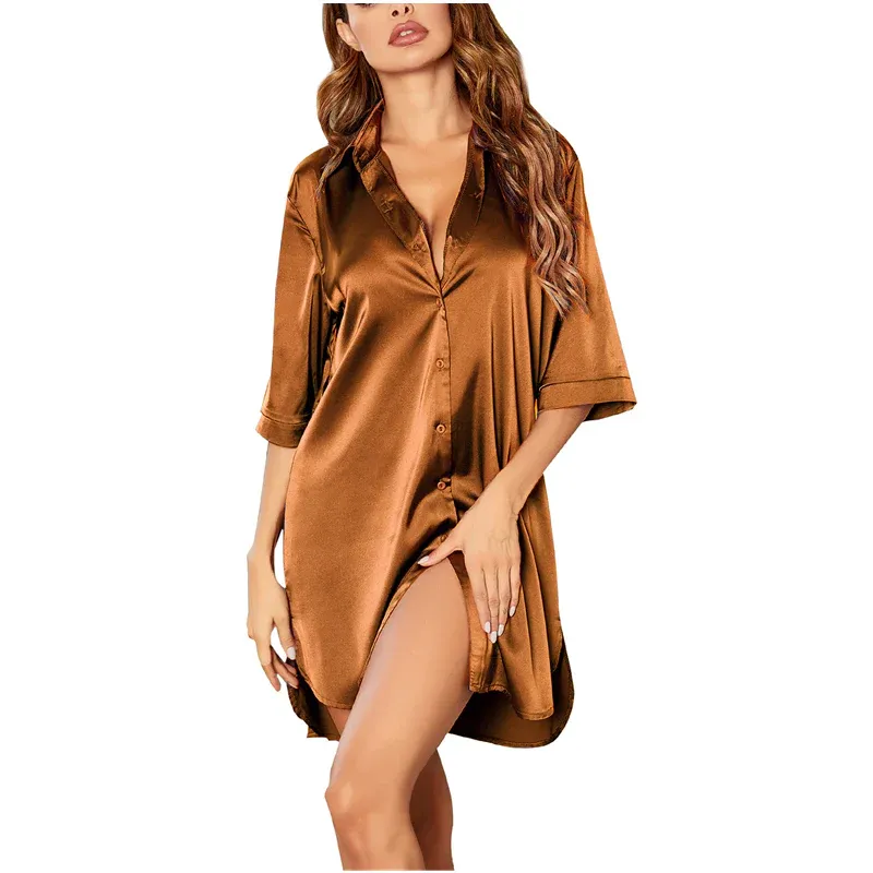 Chemise pyjama sexy soyeuse à manches 3/4 pour femmes - Image 7
