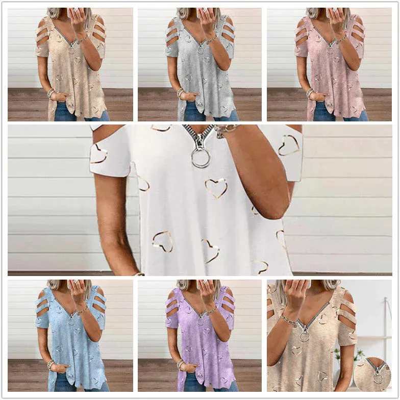 T-shirt zippé à col en V avec imprimé cœur - Image 8